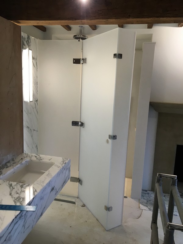 Bespoke frosted glass shower enclosure in Greenford luxury bathroom